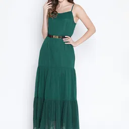 DRAAX Fashions Self Design Shoulder Strap Gathered Maxi Dress-image-32