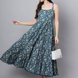 Divena Floral Printed Shoulder Straps Cotton A-Line Midi Dress-image-99