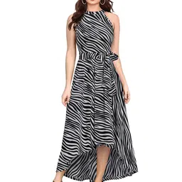 ODETTE Animal Printed Round Neck Belted A-Line Midi Dress-image-25