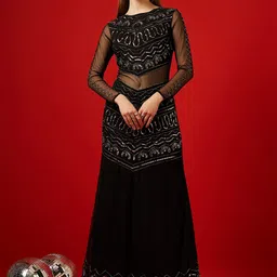 STREET 9 Embellished Sequinned Long Sleeves Net Maxi Dress-image-64