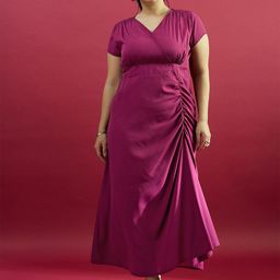 CURVE BY KASSUALLY Plus Size Maroon V-Neck Crepe Empire Ruched Maxi Dress-31