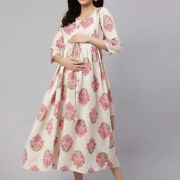 Nayo Off White Floral Printed Round Neck Tie Up Cotton Fit & Flare Maternity Dress-picture-7