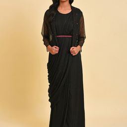 WISHFUL Striped Pleated Fit & Flare Maxi Ethnic Dress With Jacket-picture-34