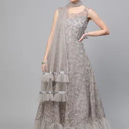 Chhabra 555 Grey Embellished Net Ethnic Maxi Dress-image-5
