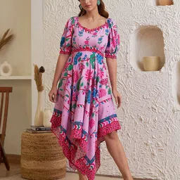 Rustorange V-Neck Floral Printed Asymmetric Hem Midi Fit And Flare Dress-picture-17