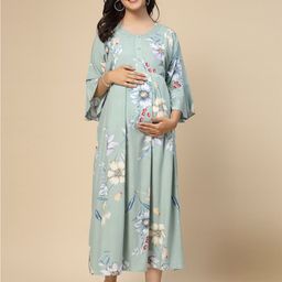 Sweet Dreams Sea Green Floral Printed Bell Sleeves Pleated Maternity A-Line Midi Dress-image-45
