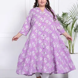 Swasti Plus Size Floral Printed Mandarin Collar Indigo Anarkali Kurta-picture-3
