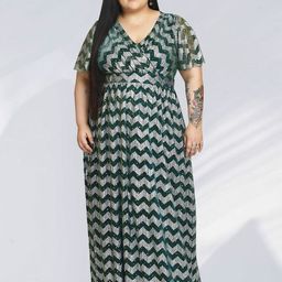 wild U Plus Size Geometric Printed Flared Sleeves Sequined Net Fit & Flare Maxi Dress-25