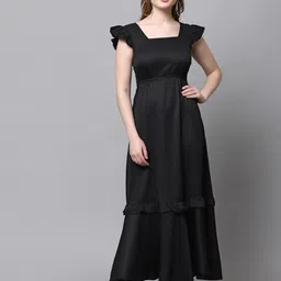 aayu Flutter Sleeves Ruffled Square Neck Midi A-Line Dress-image-23