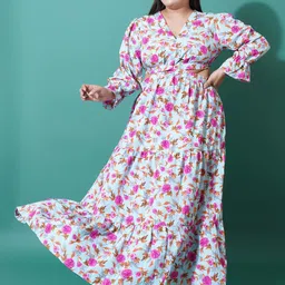 U&F Beyond Plus Size Floral Printed Bell Sleeves Cut-Outs Fit and Flare Maxi Dress-16