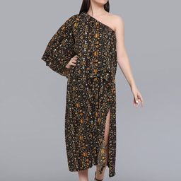 Baawri Floral Print One Shoulder Flared Sleeve Crepe Maxi Dress-image-17