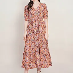 U&F Orange Geometric Print Puff Sleeve Crepe Fit & Flare Dress-image-55