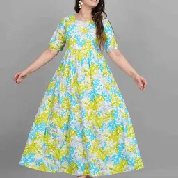 UNIBLISS Floral Printed Cotton Maternity Feeding A-Line Midi Dress-38