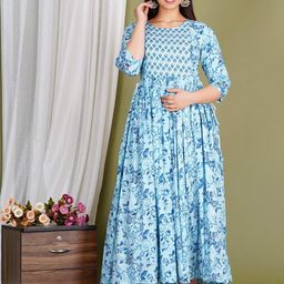 Gujari Floral Print Round Neck Maternity Cotton Empire Maxi Dress-image-33