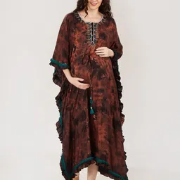 Mom For Sure by Ketki Dalal Women Brown & Black Tie and Dye Maternity Kaftan Dress-image-12