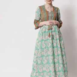 Aujjessa Green & Pink Cotton Ethnic Motifs Tie-Up Neck Maternity Maxi Maxi Dress-image-60