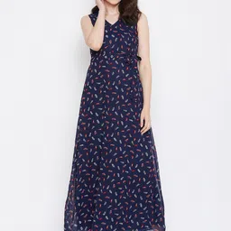 La Zoire Navy Blue Georgette Printed Maxi Dress-picture-15