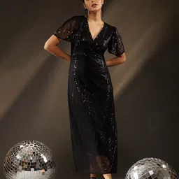 BAESD Embellished V-Neck Flutter Sleeves Net Maxi Dress-image-13
