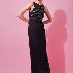 STREET 9 Round Neck Embellished Front Slit Net Maxi Dress-picture-47