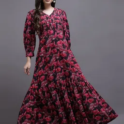 KALINI Women Red Floral Maxi V-Neck Dress-picture-32