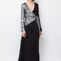 DODO & MOA Women Black & Silver-Toned Colourblocked V-neck Maxi Dress-picture-19