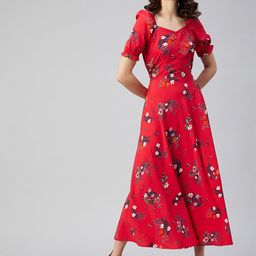 RARE Women Red Floral Printed A-Line Maxi Dress-image-100