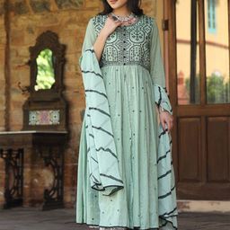 Juniper Ethnic Motifs Print Embroidered Fit and Flare Maxi Ethnic Dress With Dupatta-image-48