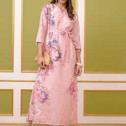 Vishudh Pink Floral Printed V-Neck Tie Up Maxi Dress-image-34