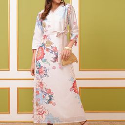 Vishudh Beige Floral Printed V-Neck Tie Up Maxi Dress-image-27