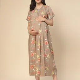 Sweet Dreams Rust Floral Printed Fit & Flare Maternity Dress-image-96