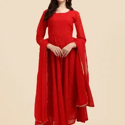 KALINI Ethnic Motif Embroidered Gathered Maxi Dress With Dupatta-picture-10