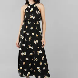 KALINI Floral Printed Halter Neck Sleeveless Georgette Maxi Dress-picture-8