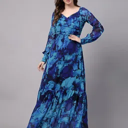 aayu Abstract Printed Sweetheart Neck Cuffed Sleeves Gathered Tiered Georgette Maxi Dress-image-81