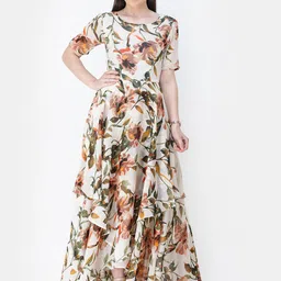Cation Floral Beige Print Round Neck Puff Sleeves Georgette Maxi Dress-18