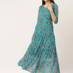DressBerry Turquoise Blue Floral Printed Round Neck Fit & Flare Maxi Dress-image-42
