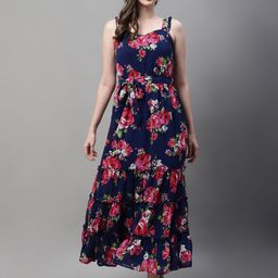 La Zoire Floral Printed Shoulder Strapped Ruffled Georgette Maxi Dress-image-83