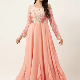 Ethnovog Floral Embroidered Sequins One Shoulder Georgette Maxi Dress-picture-49