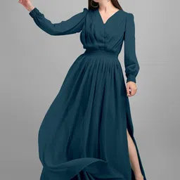 Femvy Teal Blue V-Neck Cuffed Sleeves Georgette Maxi Dress-image-8