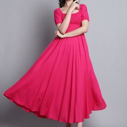 Aawari Square Neck Puff Sleeves Smocking Fit and Flare Maxi Dress-image-30
