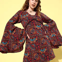 QUIERO Ethnic Motifs Printed Flared Sleeves Crepe Mini A-Line Dress-image-48