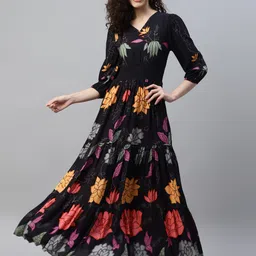 DEEBACO Floral Printed Smocked & Tiered Fit & Flare Maxi Dress-image-5