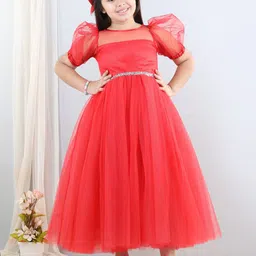Toy Balloon kids Red Flutter Sleeve Net Fit & Flare Maxi Dress-image-50