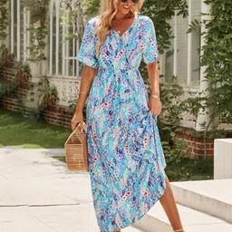 StyleCast Turquoise Blue Floral Printed V Neck Flared Sleeve Maxi Dress-image-13