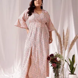 CURVY STREET Beige Floral Printed V-Neck Flared Sleeves Flared Fit & Flare Maxi Dress-35