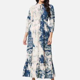 BAESD Abstract Printed Tie-Up Neck Gathered Detailed Fit & Flare Maxi Dress-4
