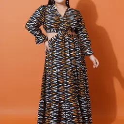 U&F Beyond Plus Size Abstract Printed Bell Sleeves Cut-Outs Fit and Flare Maxi Dress-37