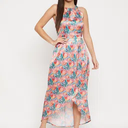 Color Cocktail Floral Printed Halter Neck Satin Maxi Dress-image-28