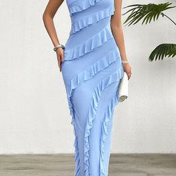 StyleCast x Revolte Blue Striped Off-Shoulder Ruffled Maxi Dress-image-83