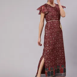 Anouk Ethnic Motifs Printed Flutter Sleeve Silk A-Line Maxi Dress-16
