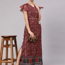 Anouk Ethnic Motifs Printed Flutter Sleeve Silk A-Line Maxi Dress image 2